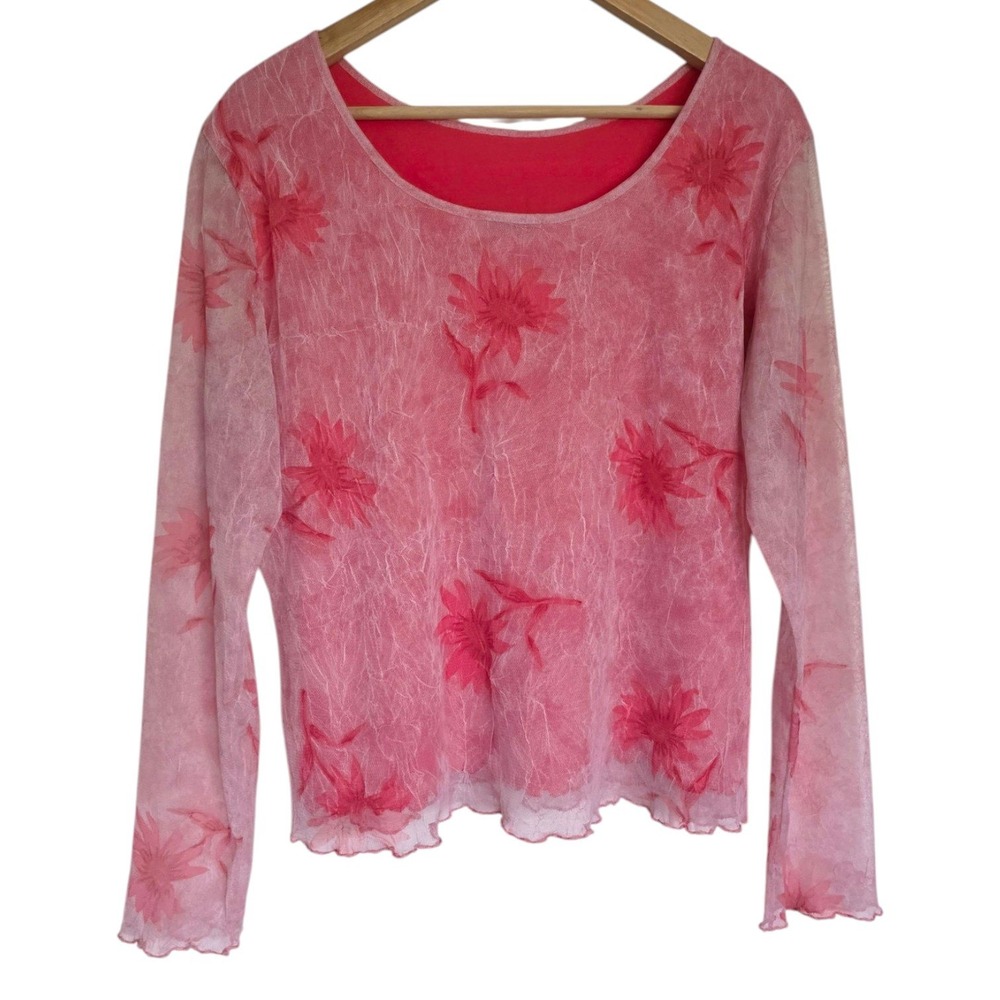Y2K Olsen Pink Floral Mesh Long Sleeve Scoop-Back Blouse Stretchy 16 XL - Picture 5 of 7